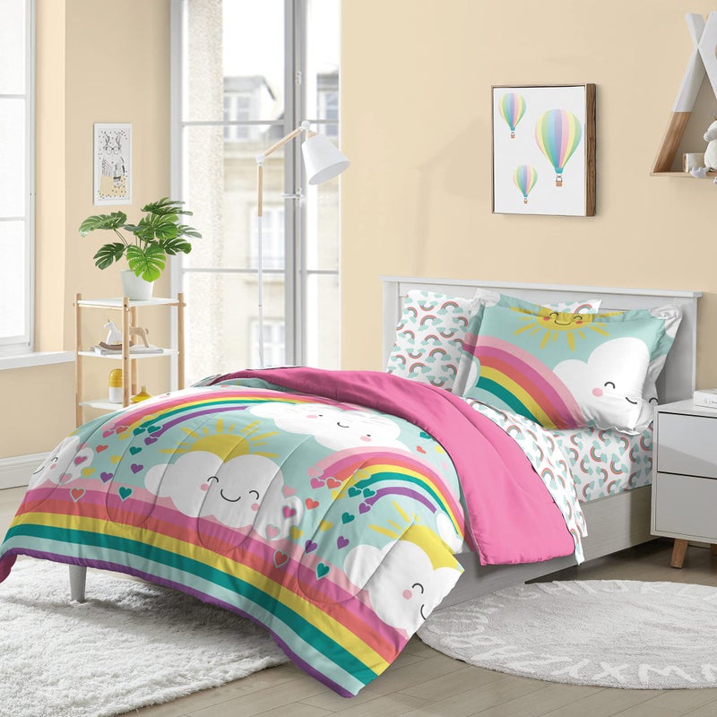 dream FACTORY dream FACTORY Kids 5Piece Complete Bed Set EasyWash Super Soft Microfiber Comforter Bedding Twin Teal Rainbow Flare 2D872501TE