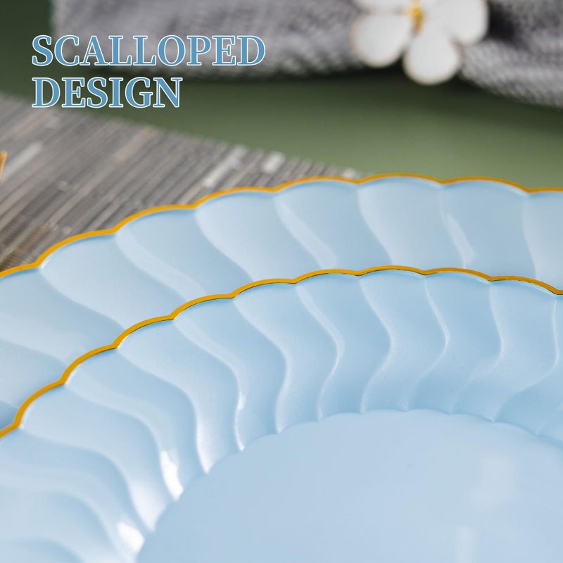 Lullaby 60PCS Light Blue Scalloped Plastic Plates with Gold Rim, Includes 30PCS Dinner Plate 10'' and 30PCS Dessert Plate 7.5'', Baby Blue Plastic Plates for Party, Wedding and Daily Use - Image 3