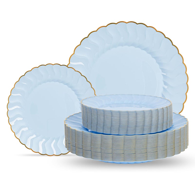 Lullaby 60PCS Light Blue Scalloped Plastic Plates with Gold Rim, Includes 30PCS Dinner Plate 10'' and 30PCS Dessert Plate 7.5'', Baby Blue Plastic Plates for Party, Wedding and Daily Use - Image 1