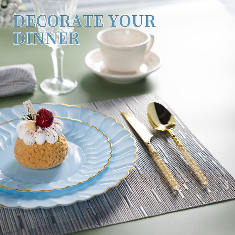 Lullaby 60PCS Light Blue Scalloped Plastic Plates with Gold Rim, Includes 30PCS Dinner Plate 10'' and 30PCS Dessert Plate 7.5'', Baby Blue Plastic Plates for Party, Wedding and Daily Use - Image 4