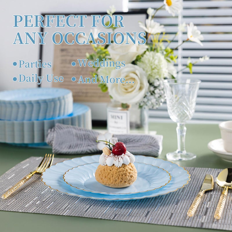 Lullaby 60PCS Light Blue Scalloped Plastic Plates with Gold Rim, Includes 30PCS Dinner Plate 10'' and 30PCS Dessert Plate 7.5'', Baby Blue Plastic Plates for Party, Wedding and Daily Use - Image 5