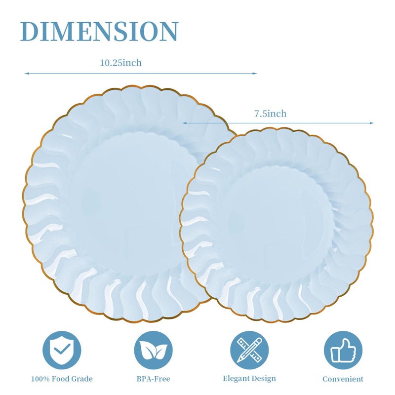 Lullaby 60PCS Light Blue Scalloped Plastic Plates with Gold Rim, Includes 30PCS Dinner Plate 10'' and 30PCS Dessert Plate 7.5'', Baby Blue Plastic Plates for Party, Wedding and Daily Use - Image 2
