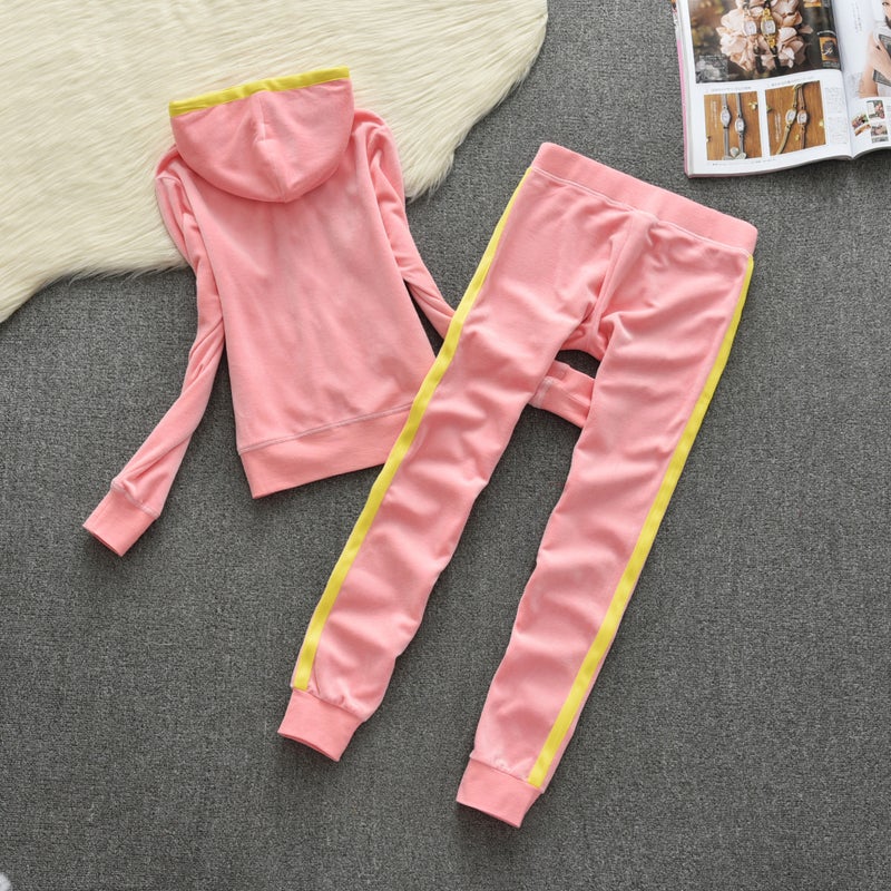 2021 Spring Gold Silk Velvet Sports Suit Fashion Color Block Brace Casual Hood Slim-Fit Two-Piece Fashionable Set - Image 1