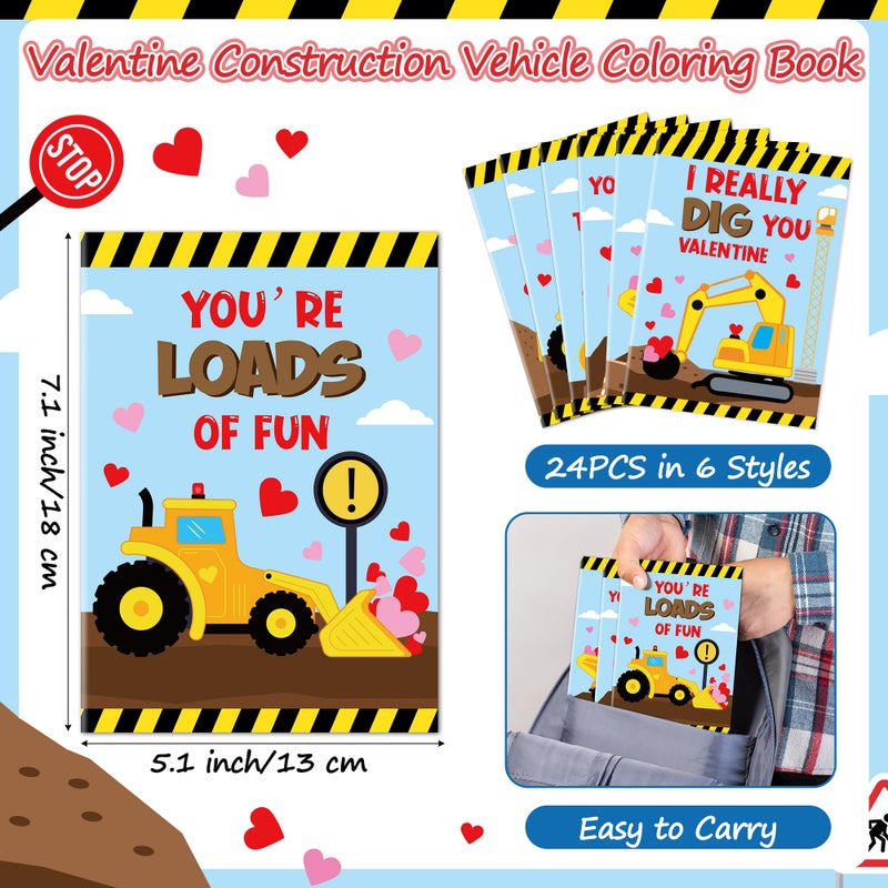JAPBOR Valentine's Day Coloring Book - 24PCS Mini Valentine Construction Vehicle Color Books Bulk for Kids Party Favor, Excavator Truck Small Colouring Page for Birthday Gifts Class Drawing Paint Game - Image 2
