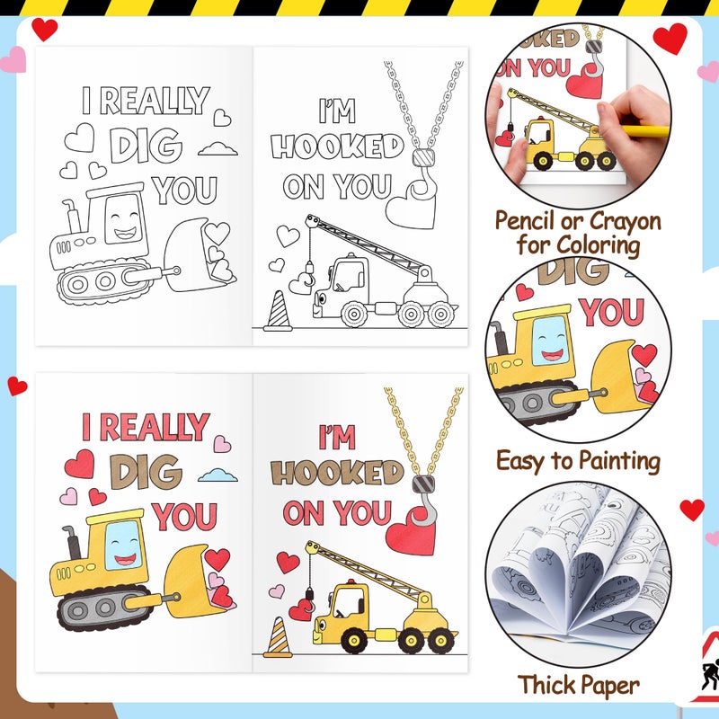 JAPBOR Valentine's Day Coloring Book - 24PCS Mini Valentine Construction Vehicle Color Books Bulk for Kids Party Favor, Excavator Truck Small Colouring Page for Birthday Gifts Class Drawing Paint Game - Image 4