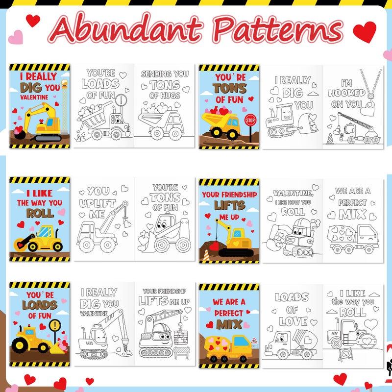 JAPBOR Valentine's Day Coloring Book - 24PCS Mini Valentine Construction Vehicle Color Books Bulk for Kids Party Favor, Excavator Truck Small Colouring Page for Birthday Gifts Class Drawing Paint Game - Image 3