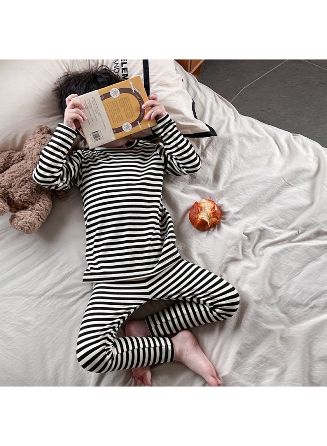 Boys' Autumn And Winter Velvet Thermal Underwear Suit Striped Autumn Clothes And Autumn Trousers Children's Casual Comfortable Warm Two-piece Fashionable Set