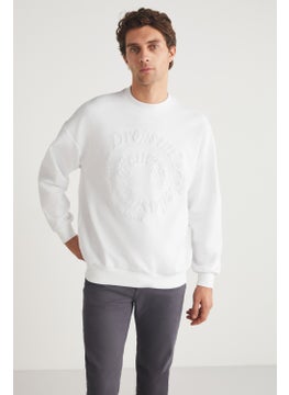GRIMELANGE Rodrigo Men's Crew Neck Scuba Interlock Emboss Print Ecru Sweatshirt  - Image 1