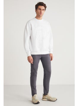 GRIMELANGE Rodrigo Men's Crew Neck Scuba Interlock Emboss Print Ecru Sweatshirt  - Image 3