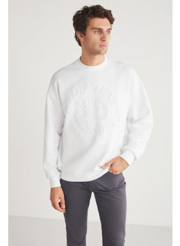 GRIMELANGE Rodrigo Men's Crew Neck Scuba Interlock Emboss Print Ecru Sweatshirt  - Image 4
