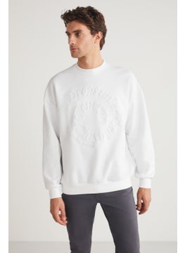 GRIMELANGE Rodrigo Men's Crew Neck Scuba Interlock Emboss Print Ecru Sweatshirt  - Image 2