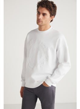GRIMELANGE Rodrigo Men's Crew Neck Scuba Interlock Emboss Print Ecru Sweatshirt  - Image 5