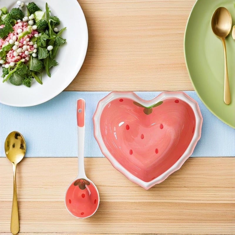 Multi-Function Heart Shaped Ceramic Bowl Spoon for Fruits Salad Soup Cereal Nuts and Snacks - Image 4