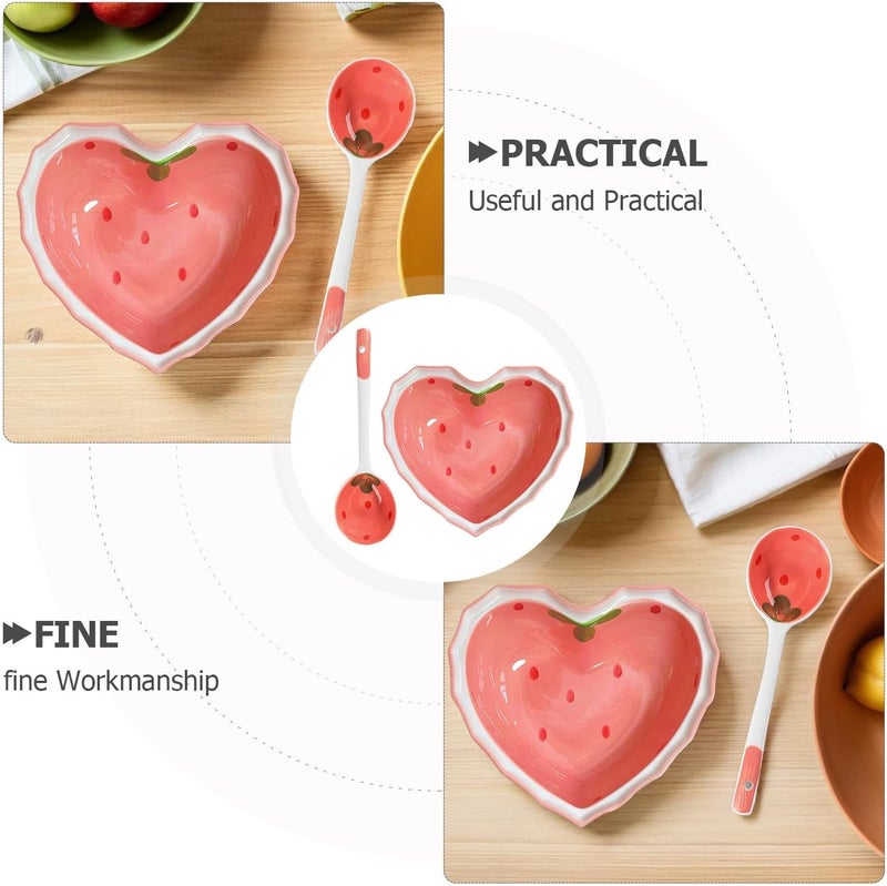 Multi-Function Heart Shaped Ceramic Bowl Spoon for Fruits Salad Soup Cereal Nuts and Snacks - Image 3
