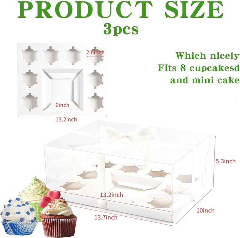 JCD 3 Pcs Bento Clear Boxes 1 mini Cake and 8 Cupcakes Box Cake Cupcake Combo Box Rectangle Cupcake Holder for Treats, Dessert Boxes, Muffins (1+8/3Pcs) - Image 5
