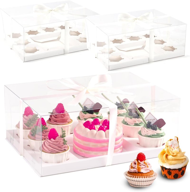 JCD 3 Pcs Bento Clear Boxes 1 mini Cake and 8 Cupcakes Box Cake Cupcake Combo Box Rectangle Cupcake Holder for Treats, Dessert Boxes, Muffins (1+8/3Pcs) - Image 1