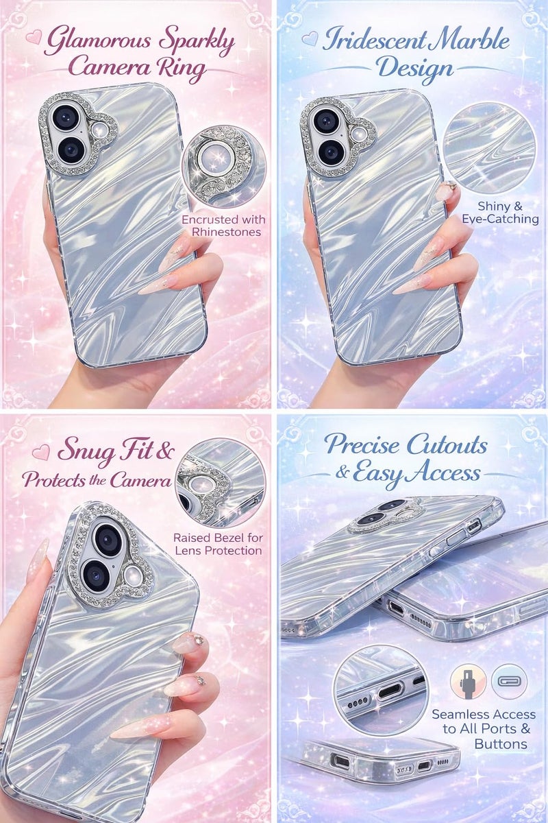 DIZORO® Compatible with iPhone 17 Case | Marble Glossy Hard PC Back Cover with Diamond Camera Protector | Ultra Stylish Shockproof Back Cover Case for Girls Women-Sky - Image 5