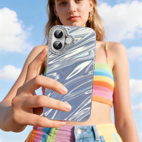 DIZORO® Compatible with iPhone 17 Case | Marble Glossy Hard PC Back Cover with Diamond Camera Protector | Ultra Stylish Shockproof Back Cover Case for Girls Women-Sky - Image 2