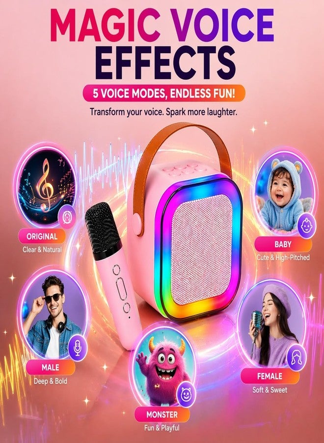 One94Store Karaoke Wireless Microphone with LED Speaker | Bluetooth Portable Singing Mic with RGB Lights & Voice Effects | Birthday Gift for Kids Musical Toys for Boys, Girls and Adults (Pink) - Image 2