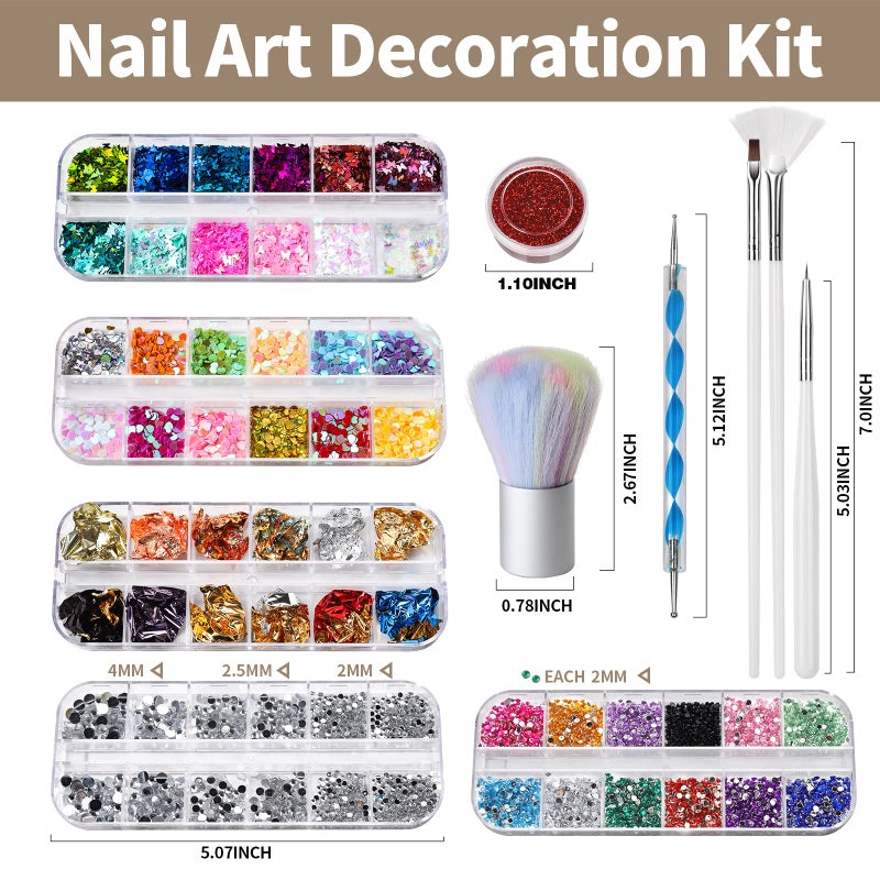 FANDAMEI Nail Art Brushes Kit, Nail Design Tools Set with Dotting Tools, Fine Nail Glitter Butterfly, Glitter Sequins, Foil Flakes, Nail Rhinestones, Dust Brush - Image 2