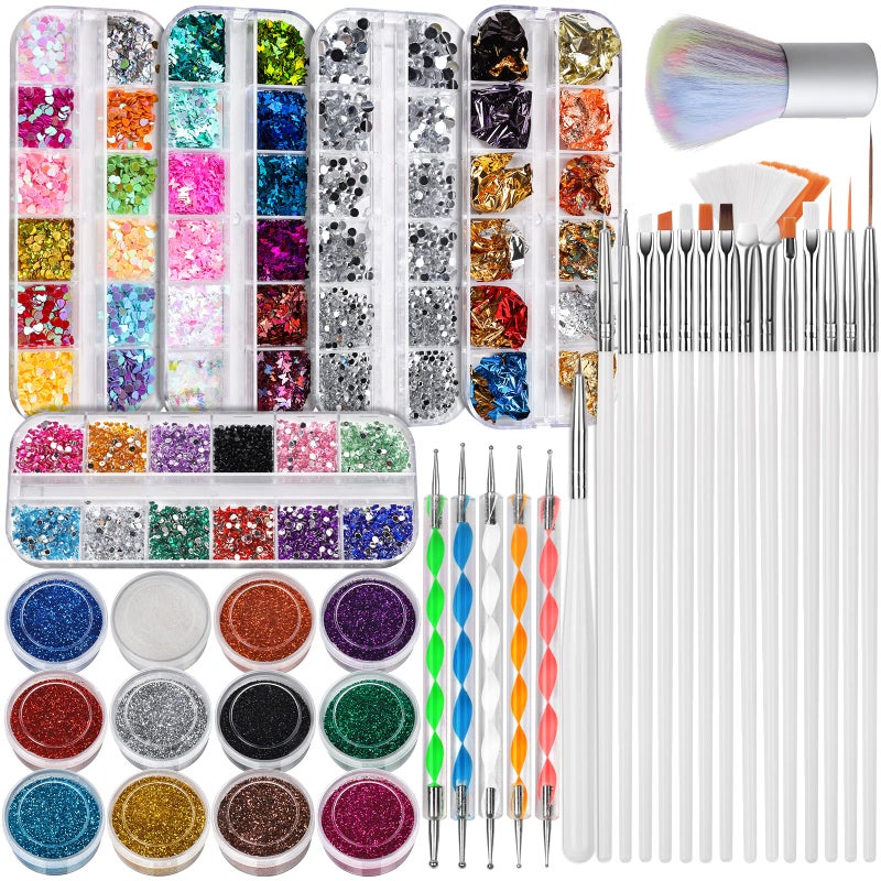 FANDAMEI Nail Art Brushes Kit, Nail Design Tools Set with Dotting Tools, Fine Nail Glitter Butterfly, Glitter Sequins, Foil Flakes, Nail Rhinestones, Dust Brush - Image 1