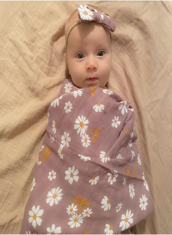 LifeTree LifeTree Baby Muslin Swaddle Blankets for Boys & Girls, Newborn Swaddle Set with Matching Headband Bow, Neutral Infant Receiving Blanket Swaddle Wrap, 47 x 47 inches, Mauve Daisy, Bamboo Cotton 