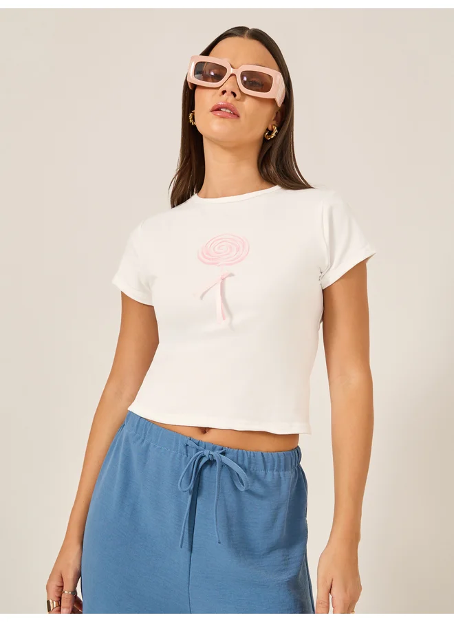 ستايلي Styli Graphic Print Ribbon Detail Fitted T-Shirt
