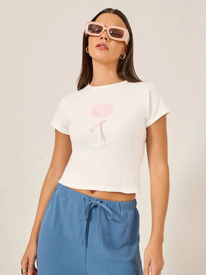 Graphic Print Ribbon Detail Fitted T-Shirt
