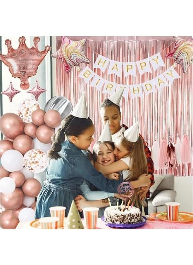 ميكسد مجموعة زينة الحفلات الذهبية مع لافتة عيد ميلاد ، بالونات حلويات بيضاء ذهبية ، خلفية عيد ميلاد رقائق ذهبية ، إكليل شرابة ، أغطية كعكة للفتيات والنساء والرجال الأطفال (زينة حفلات الذهب الوردي) - Image 2