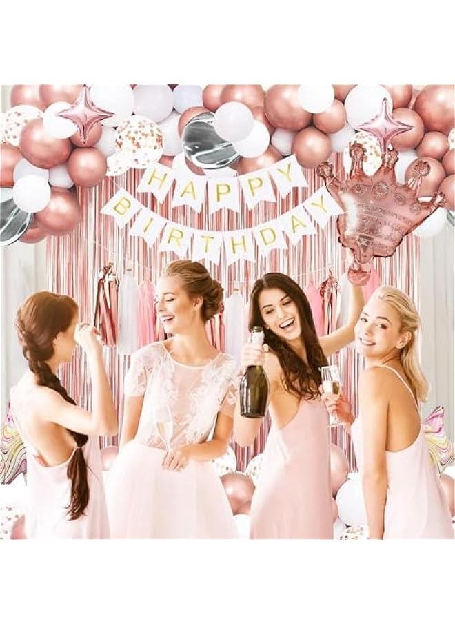 ميكسد مجموعة زينة الحفلات الذهبية مع لافتة عيد ميلاد ، بالونات حلويات بيضاء ذهبية ، خلفية عيد ميلاد رقائق ذهبية ، إكليل شرابة ، أغطية كعكة للفتيات والنساء والرجال الأطفال (زينة حفلات الذهب الوردي) - Image 3