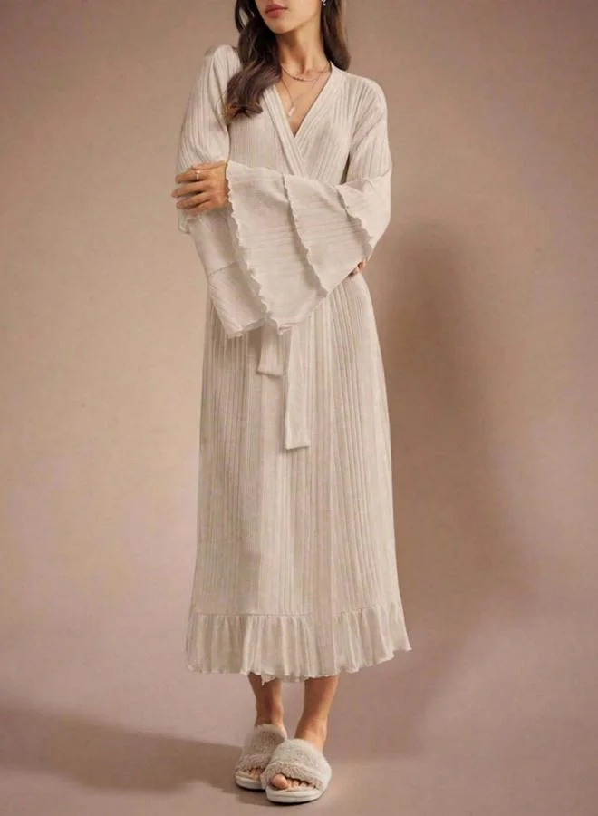 Take Two Khaki Textured Ruffled Long Sleeve Robe