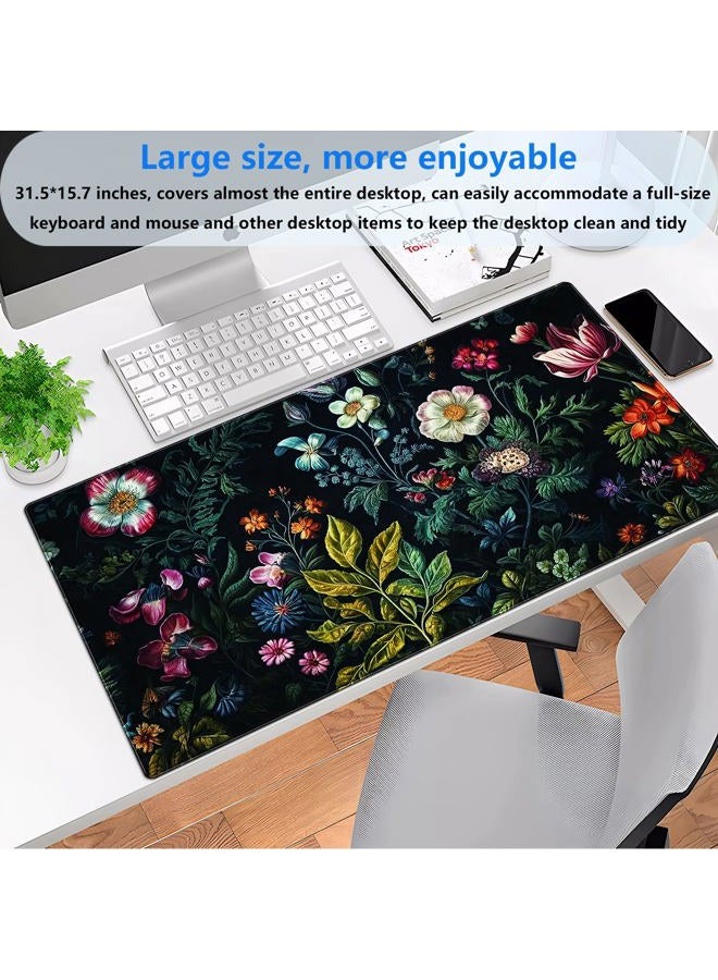 Shalysong Dark Green Desk Pad Mat, Floral Extended XL Large Gaming Mousepad with Stitched Edges, Non-Slip Computer Mat Pad for Desk, Flowers Design Keyboard and Mouse mat 31.5 x 15.7 in - Image 2