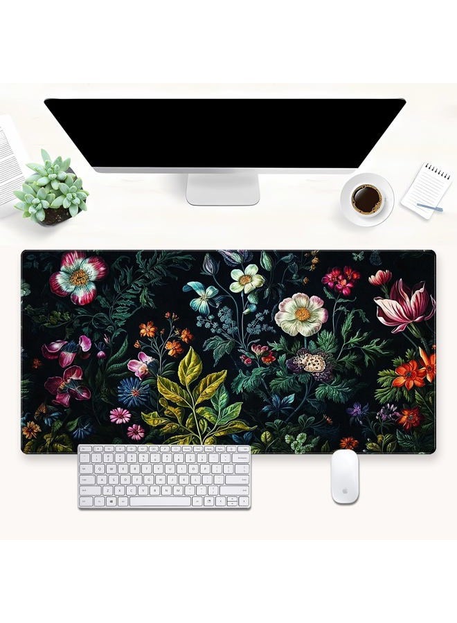 Shalysong Dark Green Desk Pad Mat, Floral Extended XL Large Gaming Mousepad with Stitched Edges, Non-Slip Computer Mat Pad for Desk, Flowers Design Keyboard and Mouse mat 31.5 x 15.7 in - Image 1
