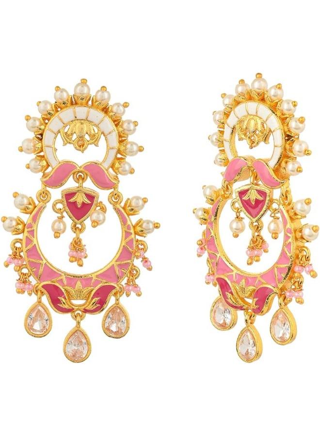 VOYLLA Shwet Kamal Floral Faux and Kundan Adorned Brass Plated Earrings - Image 3