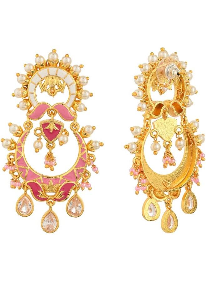 VOYLLA Shwet Kamal Floral Faux and Kundan Adorned Brass Plated Earrings - Image 4