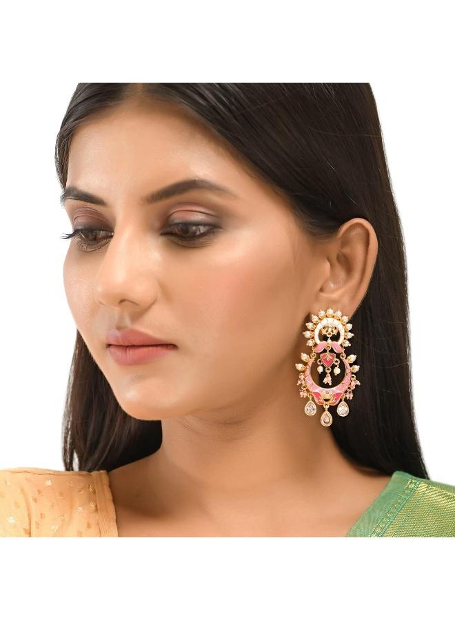 VOYLLA Shwet Kamal Floral Faux and Kundan Adorned Brass Plated Earrings - Image 5