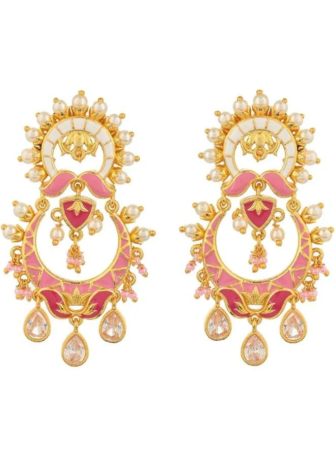 VOYLLA VOYLLA Shwet Kamal Floral Faux and Kundan Adorned Brass Plated Earrings