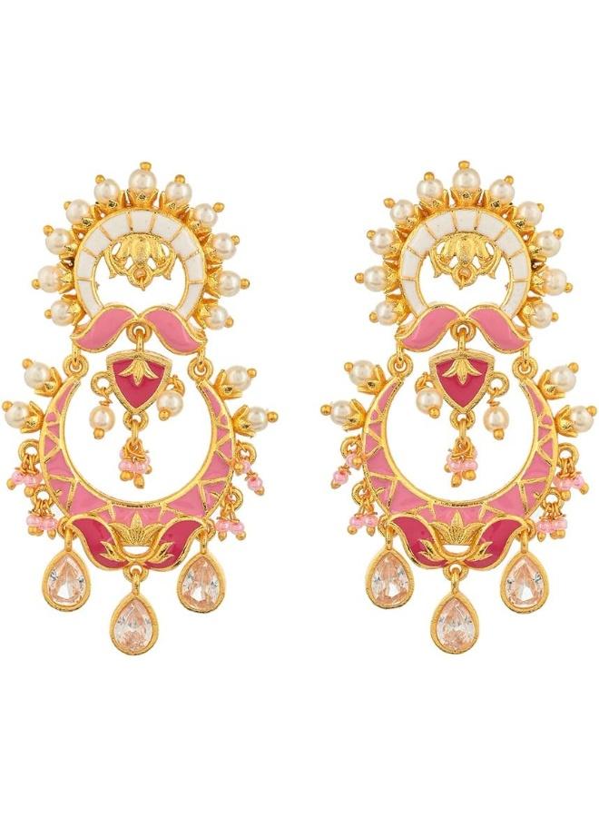 VOYLLA Shwet Kamal Floral Faux and Kundan Adorned Brass Plated Earrings - Image 1