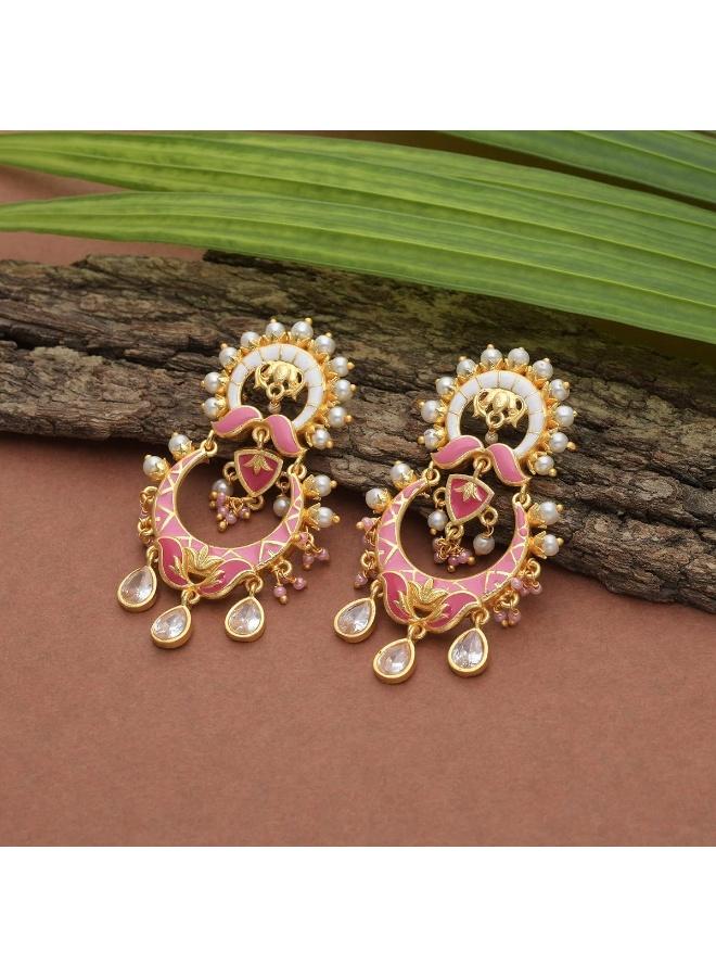 VOYLLA Shwet Kamal Floral Faux and Kundan Adorned Brass Plated Earrings - Image 2