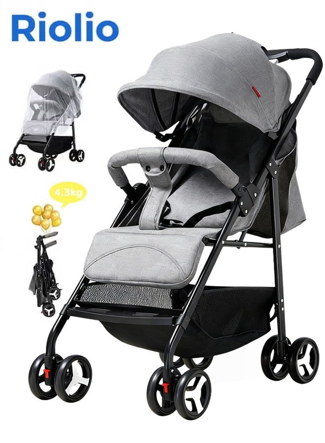 ريوليو عربة أطفال، عربة خفيفة الوزن ومحمولة مزودة بشبكة للبعوض، قابلة للطي بيد واحدة، مزودة بحزام أمان بخمس نقاط، ومسند ظهر ومسند قدم قابلين للتعديل، مثالية للسفر الجوي، باللون الرمادي. - Image 1
