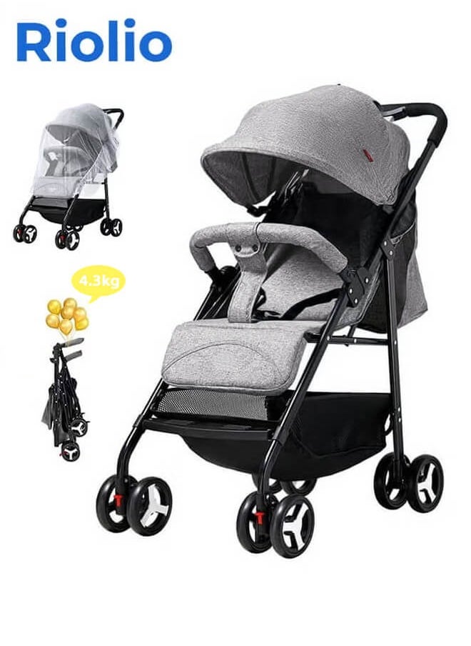 Riolio - Baby Stroller, Lightweight Portable Stroller with Mosquito Net, One-Hand Fold Travel Stroller with 5-Point Harness, Adjustable Backrest and Footrest, Perfect for Air Travel, Grey - Image 1
