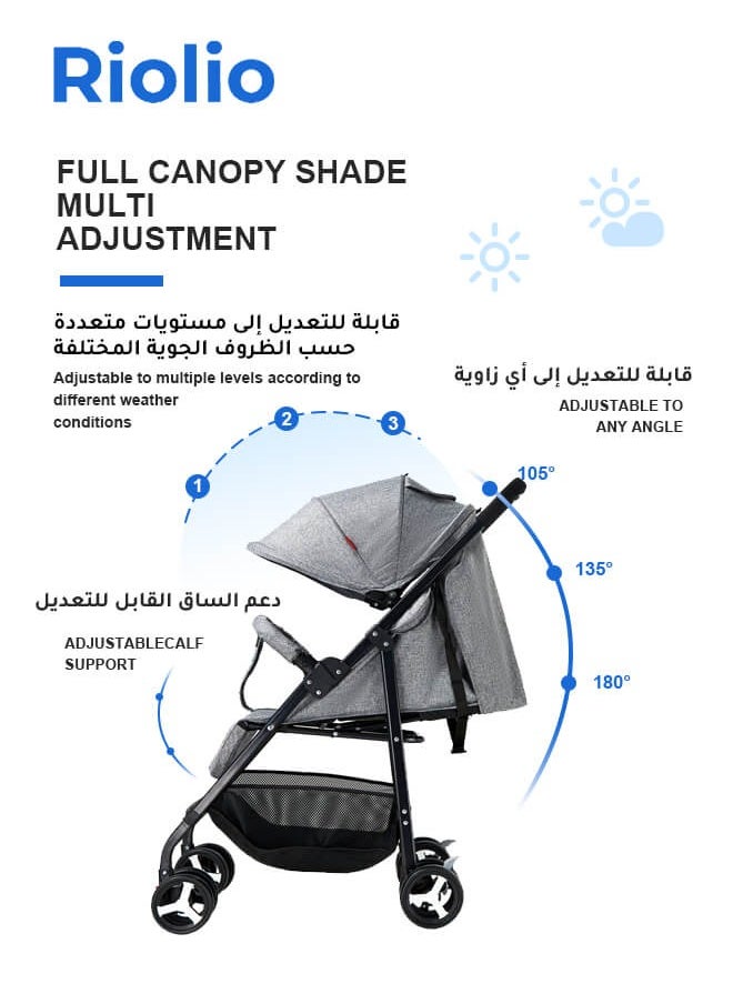 Riolio - Baby Stroller, Lightweight Portable Stroller with Mosquito Net, One-Hand Fold Travel Stroller with 5-Point Harness, Adjustable Backrest and Footrest, Perfect for Air Travel, Grey - Image 1