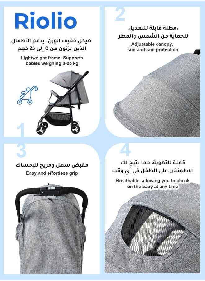 Riolio - Baby Stroller, Lightweight Portable Stroller with Mosquito Net, One-Hand Fold Travel Stroller with 5-Point Harness, Adjustable Backrest and Footrest, Perfect for Air Travel, Grey - Image 1