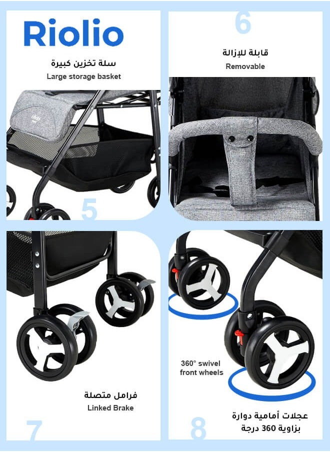 Riolio - Baby Stroller, Lightweight Portable Stroller with Mosquito Net, One-Hand Fold Travel Stroller with 5-Point Harness, Adjustable Backrest and Footrest, Perfect for Air Travel, Grey - Image 1