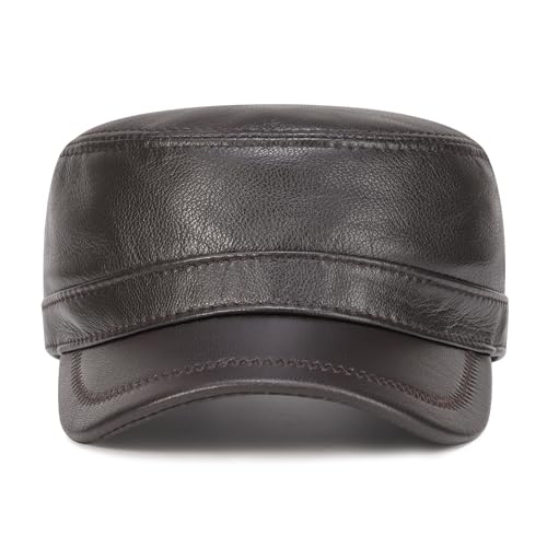 VOBOOM Leather Cadet Army Cap Adjustable Flat Top Military Style Hat for Men (Brown) - Image 2
