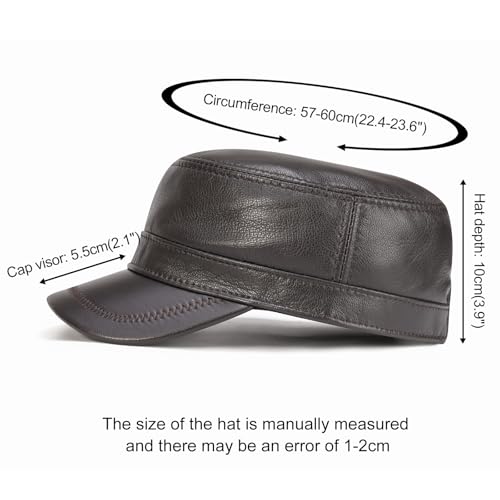 VOBOOM Leather Cadet Army Cap Adjustable Flat Top Military Style Hat for Men (Brown) - Image 3