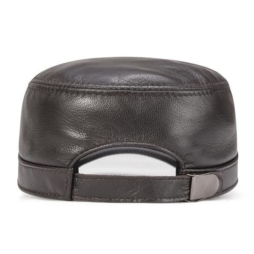 VOBOOM Leather Cadet Army Cap Adjustable Flat Top Military Style Hat for Men (Brown) - Image 4