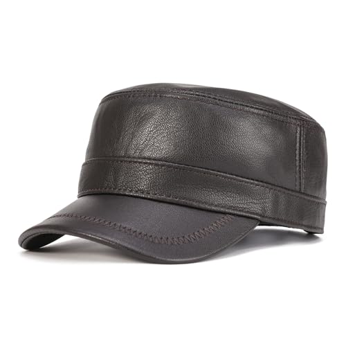 VOBOOM Leather Cadet Army Cap Adjustable Flat Top Military Style Hat for Men (Brown) - Image 1