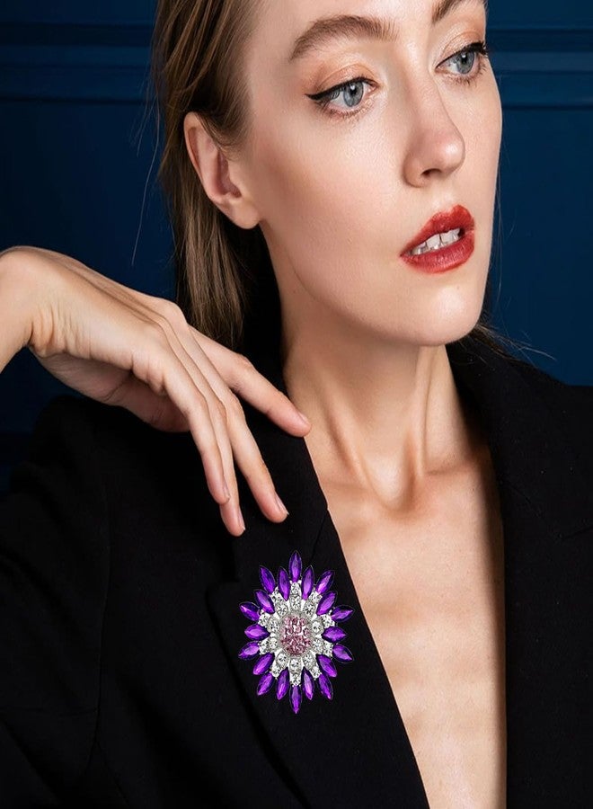 MarveBard Rhinestone Sunflower Brooch for Women Sparkling Cubic Zirconia Flower Brooch Pin Elegant Large Crystal Floral Lapel Pin Dainty Clothing Hat Bag Accessories Christmas Wedding Bridal Birthday Jewelry (Purple) - Image 3