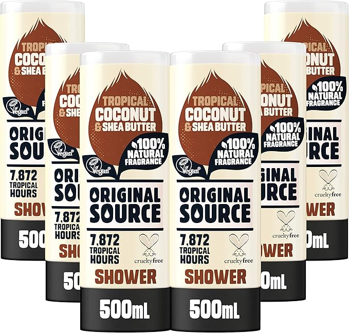 Original Source جل استحمام أصلي من جوز الهند وزبدة الشيا 100% عطر طبيعي نباتي خالي من القسوة خالي من البارابين عبوة شراء بالجملة من 6 × 500 مل - Image 1